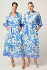 CARMEN SILK COTTON MAXI DRESS in exclusive print, Azure Mosaic from Once Was