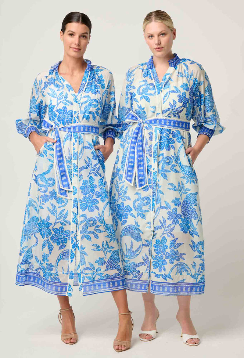CARMEN SILK COTTON MAXI DRESS in exclusive print, Azure Mosaic from Once Was