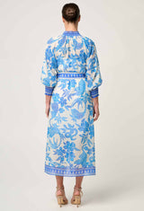 CARMEN SILK COTTON MAXI DRESS in exclusive print, Azure Mosaic from Once Was