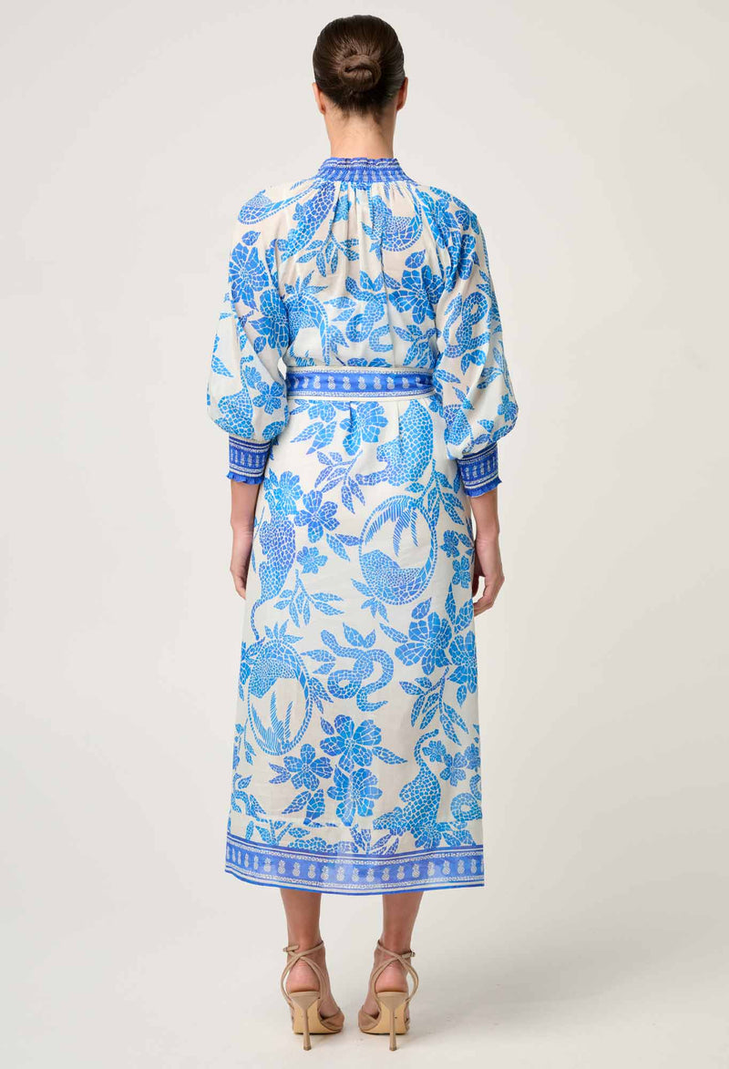 CARMEN SILK COTTON MAXI DRESS in exclusive print, Azure Mosaic from Once Was