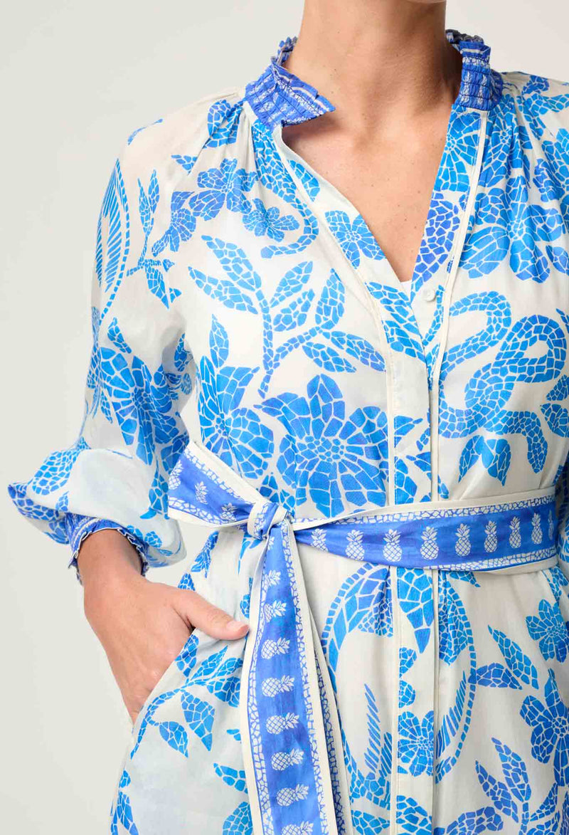 CARMEN SILK COTTON MAXI DRESS in exclusive print, Azure Mosaic from Once Was
