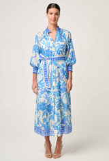 CARMEN SILK COTTON MAXI DRESS in exclusive print, Azure Mosaic from Once Was