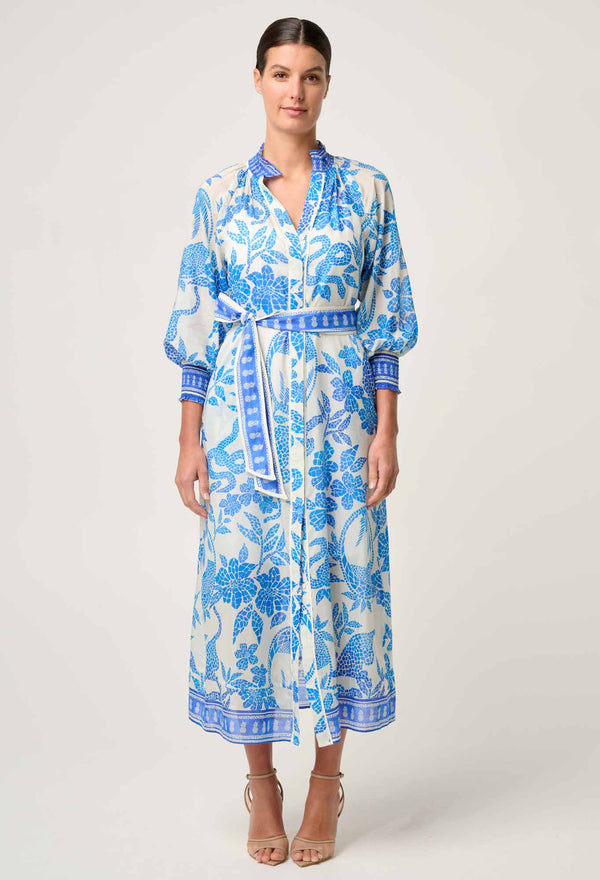 CARMEN SILK COTTON MAXI DRESS in exclusive print, Azure Mosaic from Once Was