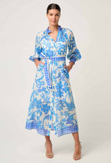CARMEN SILK COTTON MAXI DRESS in exclusive print, Azure Mosaic from Once Was