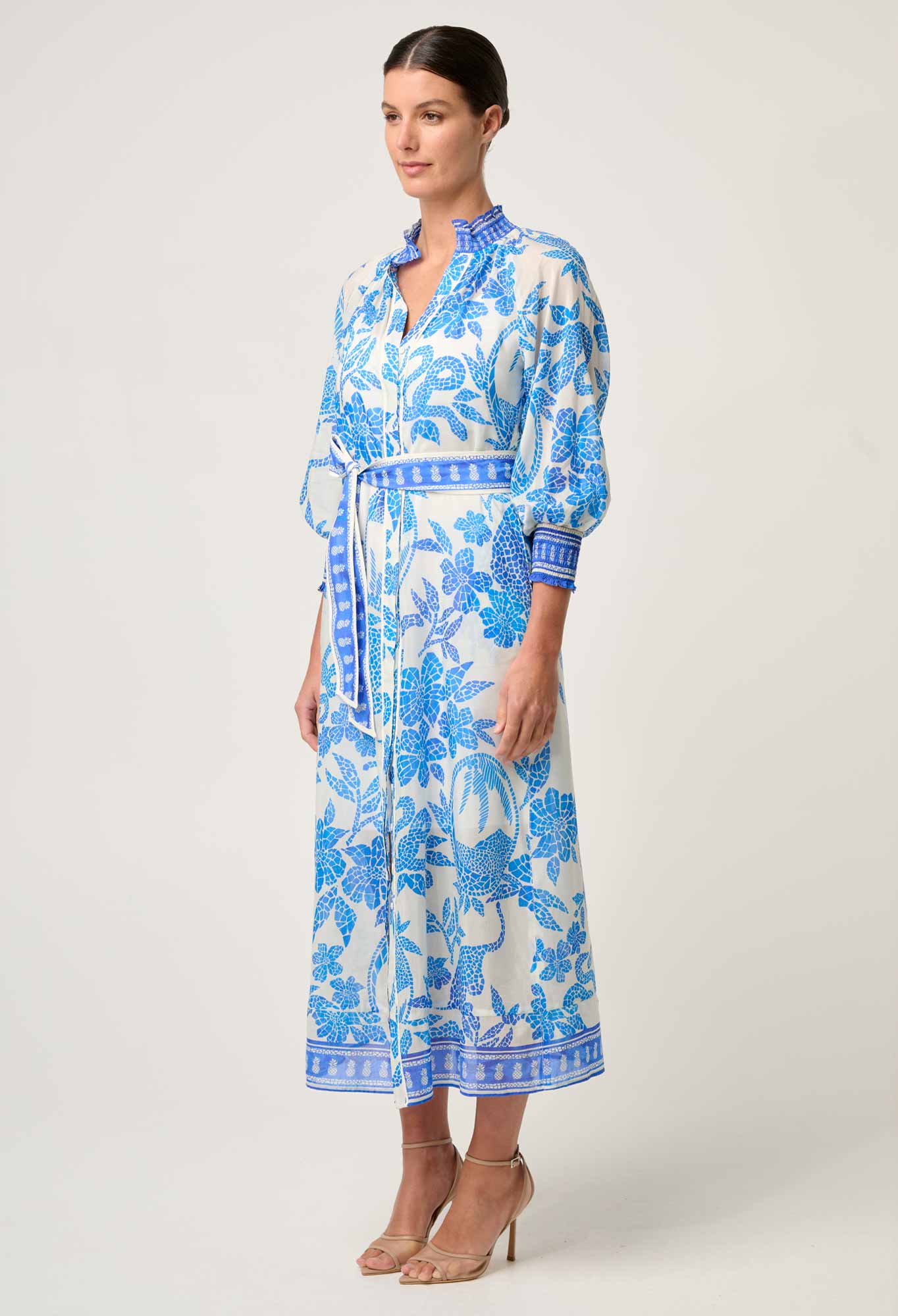 CARMEN SILK COTTON MAXI DRESS in exclusive print, Azure Mosaic from Once Was
