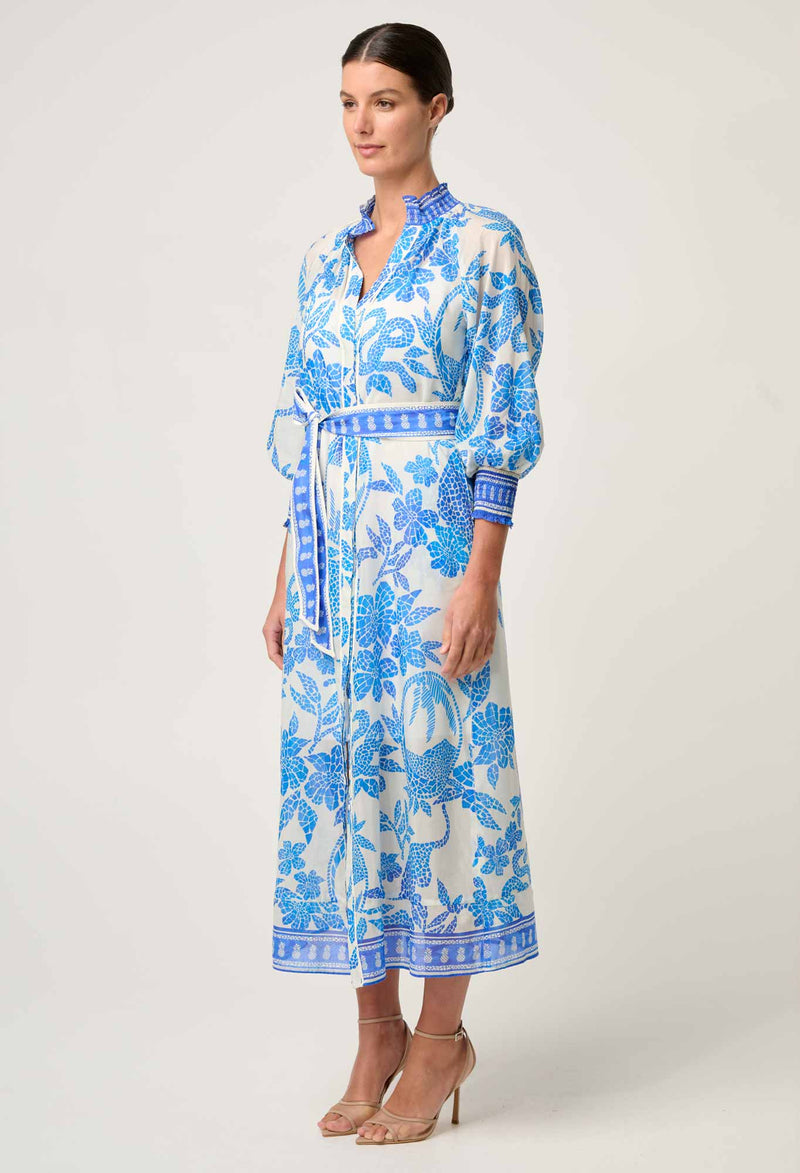 CARMEN SILK COTTON MAXI DRESS in exclusive print, Azure Mosaic from Once Was