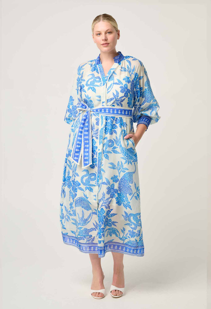 CARMEN SILK COTTON MAXI DRESS in exclusive print, Azure Mosaic from Once Was