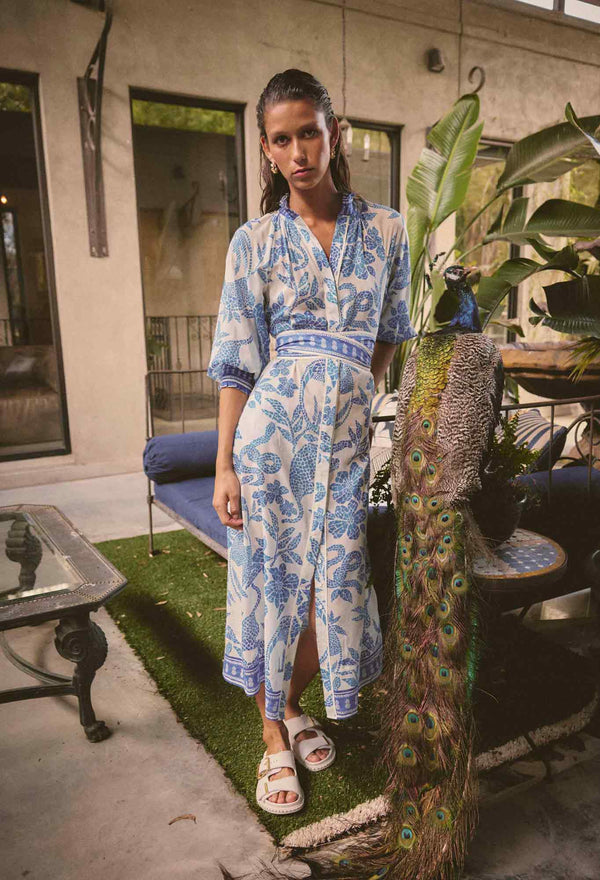 CARMEN SILK COTTON MAXI DRESS in exclusive print, Azure Mosaic from Once Was