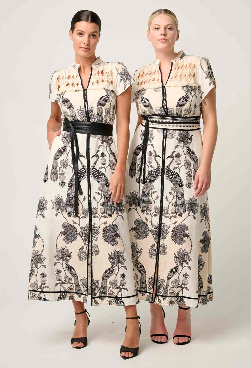 XANTHIA DIAMOND SMOCK YOKE LINEN DRESS in exclusive print, Imperial Stone from Once Was
