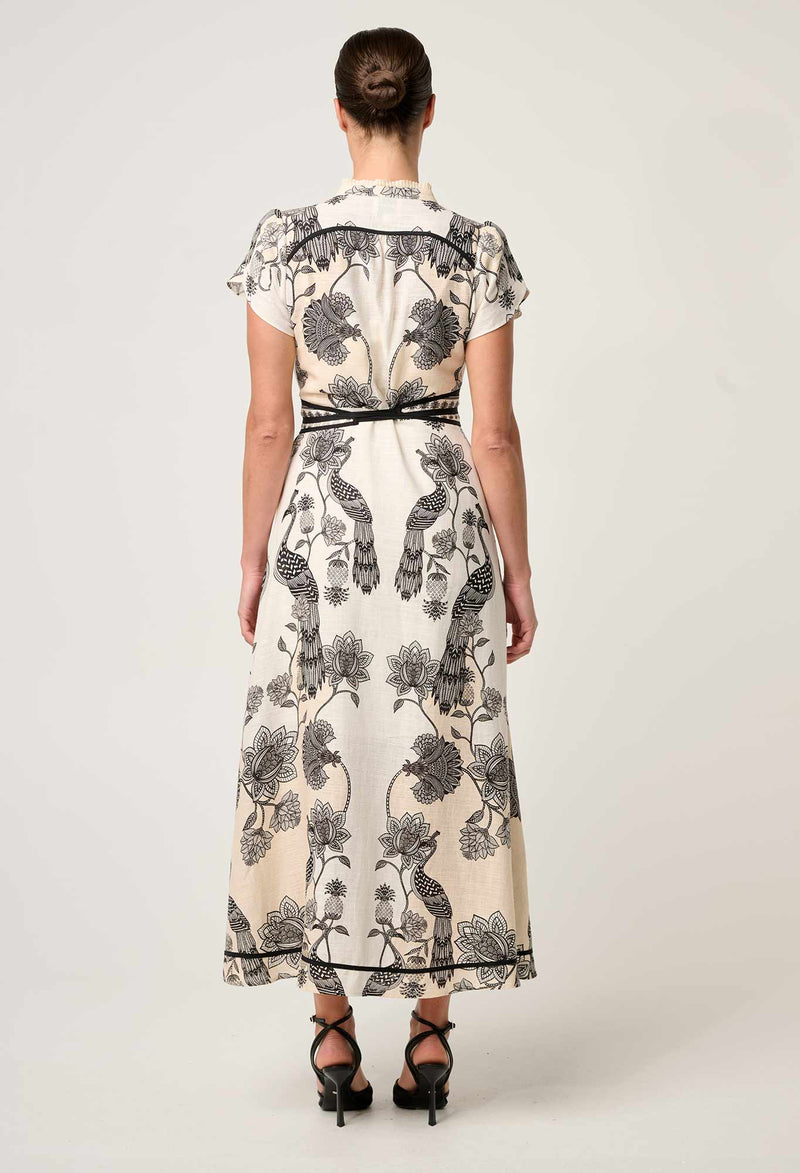 XANTHIA DIAMOND SMOCK YOKE LINEN DRESS in exclusive print, Imperial Stone from Once Was