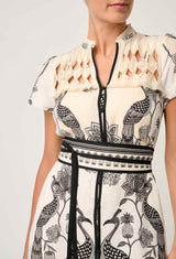 XANTHIA DIAMOND SMOCK YOKE LINEN DRESS in exclusive print, Imperial Stone from Once Was