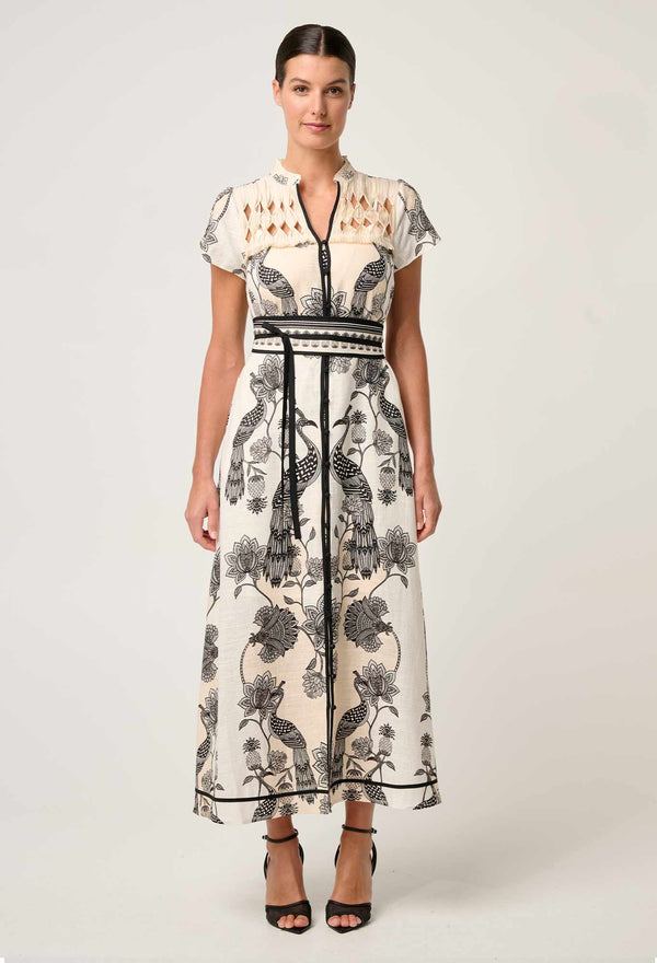 XANTHIA DIAMOND SMOCK YOKE LINEN DRESS in exclusive print, Imperial Stone from Once Was