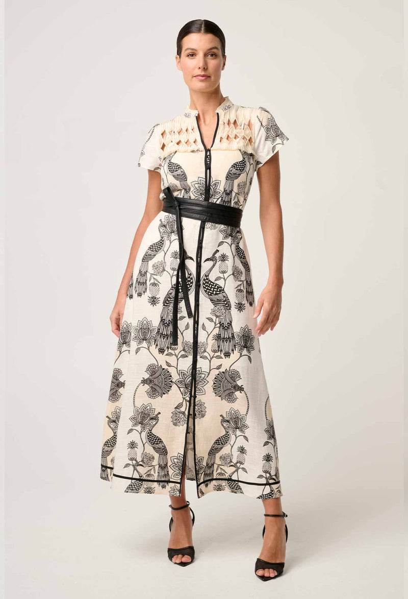 XANTHIA DIAMOND SMOCK YOKE LINEN DRESS in exclusive print, Imperial Stone from Once Was