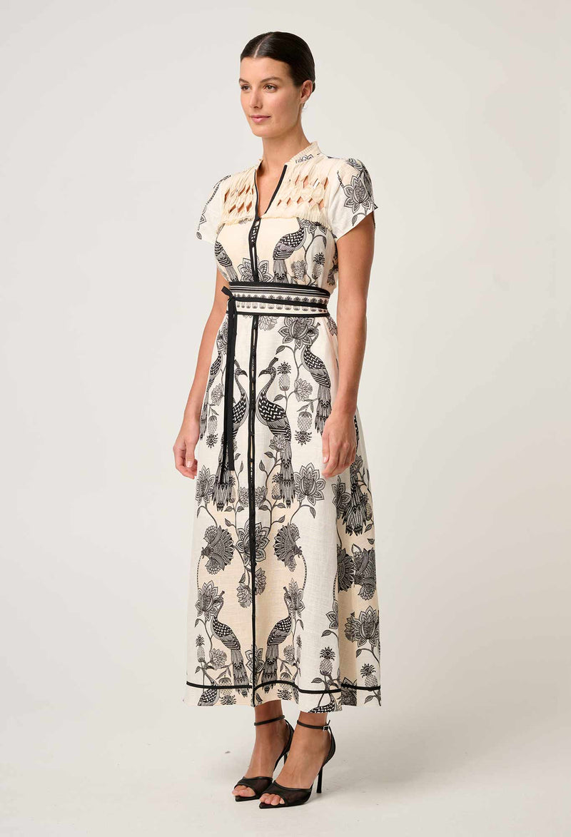 XANTHIA DIAMOND SMOCK YOKE LINEN DRESS in exclusive print, Imperial Stone from Once Was