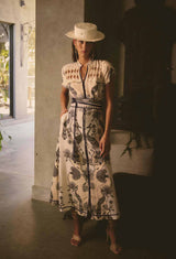 XANTHIA DIAMOND SMOCK YOKE LINEN DRESS in exclusive print, Imperial Stone from Once Was