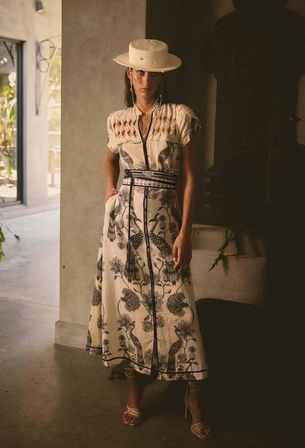 XANTHIA DIAMOND SMOCK YOKE LINEN DRESS in exclusive print, Imperial Stone from Once Was