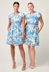 ADRIANA LINEN VISCOSE EMBROIDERED YOKE DRESS in Azure Mosaic from Once Wa