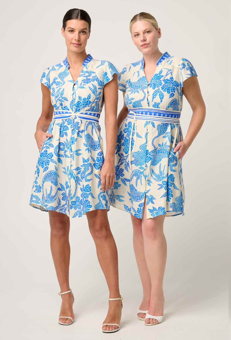 ADRIANA LINEN VISCOSE EMBROIDERED YOKE DRESS in Azure Mosaic from Once Wa