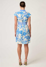 ADRIANA LINEN VISCOSE EMBROIDERED YOKE DRESS in Azure Mosaic from Once Wa