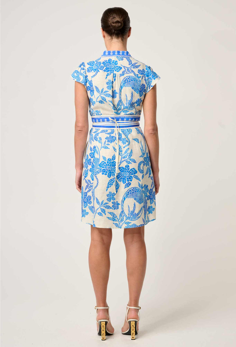 ADRIANA LINEN VISCOSE EMBROIDERED YOKE DRESS in Azure Mosaic from Once Wa