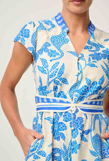 ADRIANA LINEN VISCOSE EMBROIDERED YOKE DRESS in Azure Mosaic from Once Wa