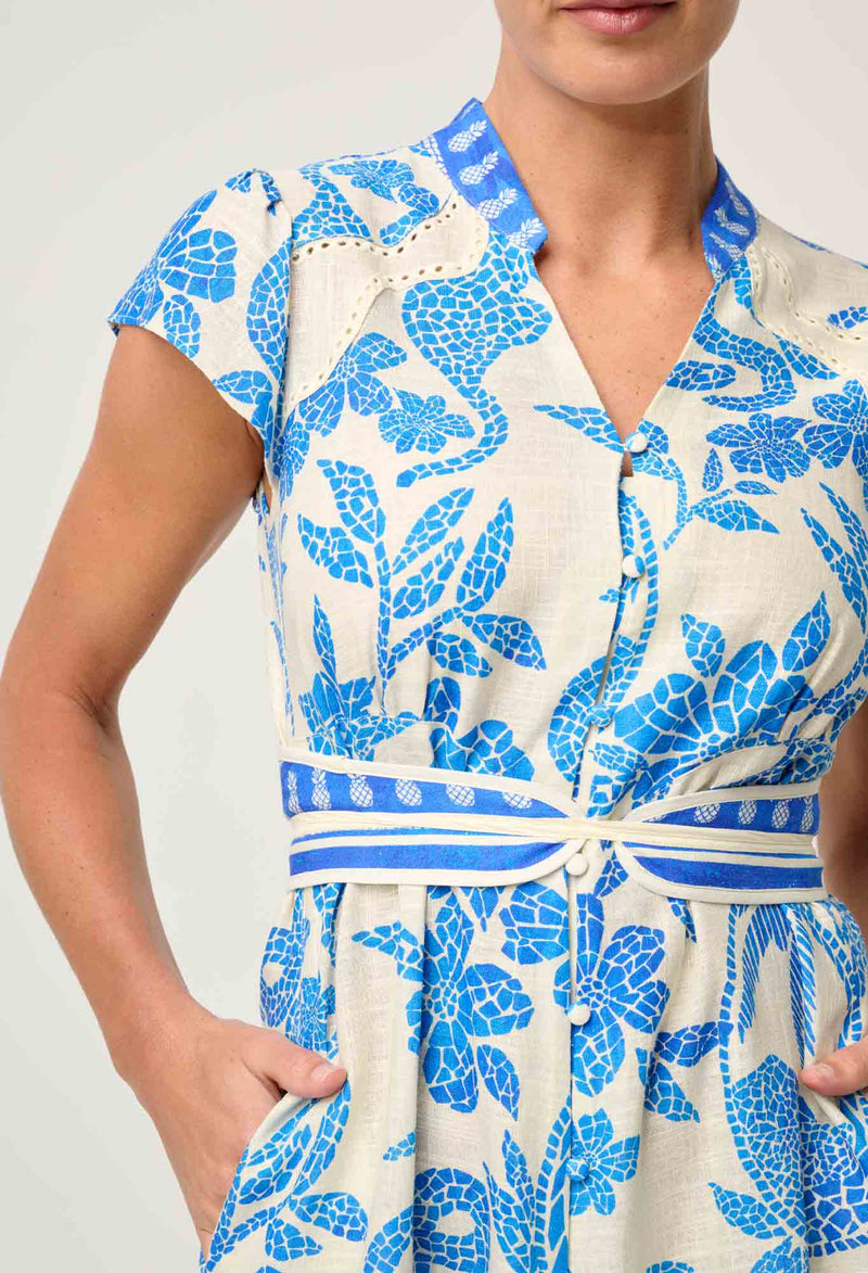 ADRIANA LINEN VISCOSE EMBROIDERED YOKE DRESS in Azure Mosaic from Once Wa