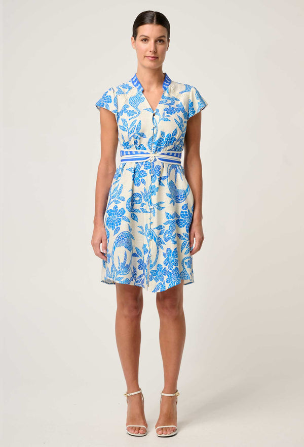 ADRIANA LINEN VISCOSE EMBROIDERED YOKE DRESS in Azure Mosaic from Once Wa