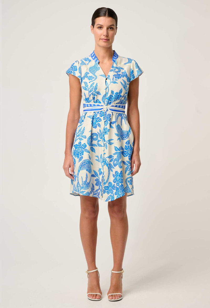 ADRIANA LINEN VISCOSE EMBROIDERED YOKE DRESS in Azure Mosaic from Once Wa