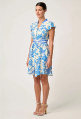 ADRIANA LINEN VISCOSE EMBROIDERED YOKE DRESS in Azure Mosaic from Once Wa