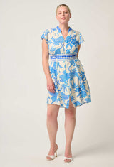 ADRIANA LINEN VISCOSE EMBROIDERED YOKE DRESS in Azure Mosaic from Once Wa