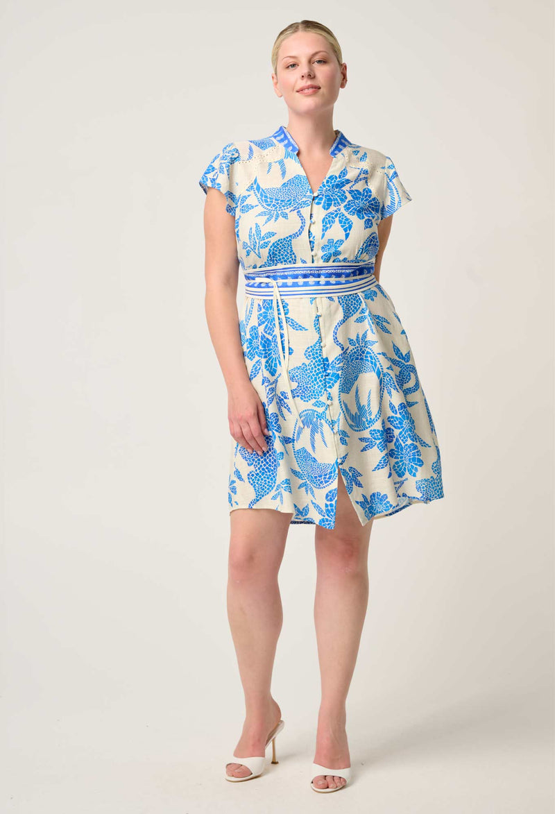 ADRIANA LINEN VISCOSE EMBROIDERED YOKE DRESS in Azure Mosaic from Once Wa