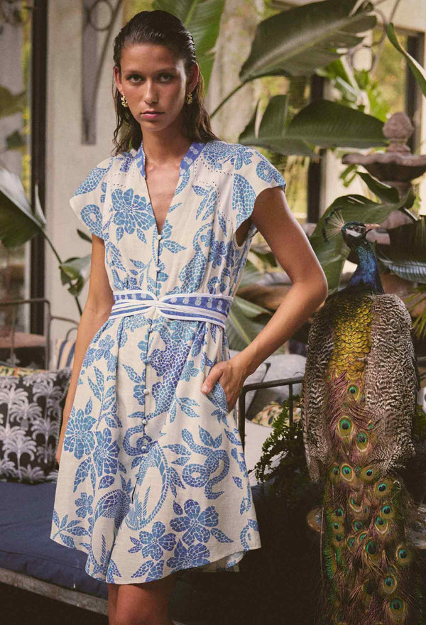 ADRIANA LINEN VISCOSE EMBROIDERED YOKE DRESS in Azure Mosaic from Once Wa