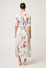 XENIA CONTRAST TRIM YOKE LINEN VISCOSE DRESS in Plume Blossom Print from Once Was