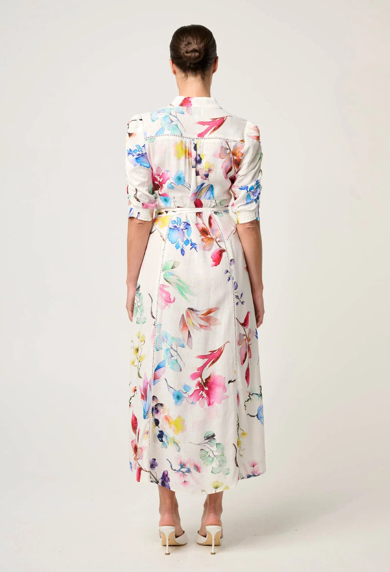 XENIA CONTRAST TRIM YOKE LINEN VISCOSE DRESS in Plume Blossom Print from Once Was