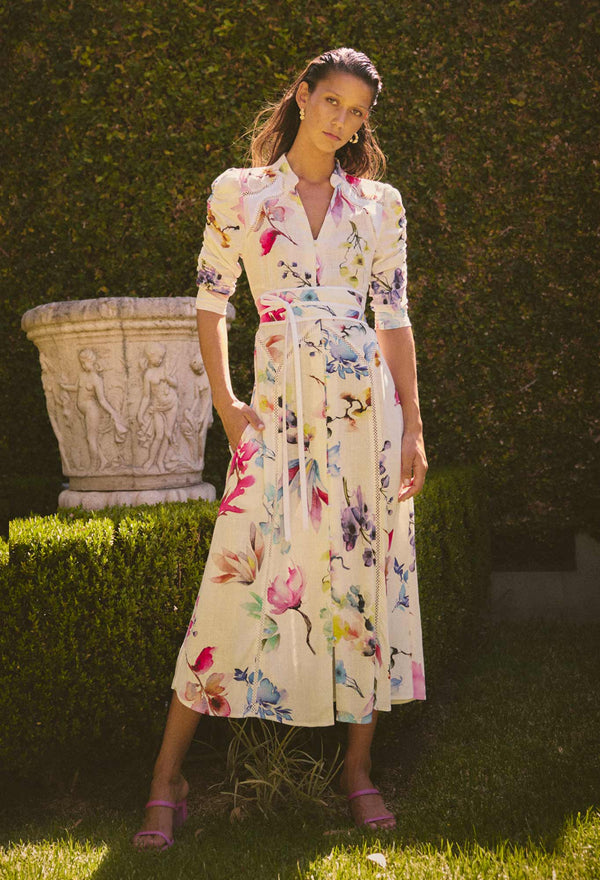 XENIA CONTRAST TRIM YOKE LINEN VISCOSE DRESS in Plume Blossom Print from Once Was