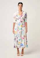 XENIA CONTRAST TRIM YOKE LINEN VISCOSE DRESS in Plume Blossom Print from Once Was