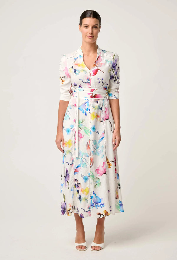XENIA CONTRAST TRIM YOKE LINEN VISCOSE DRESS in Plume Blossom Print from Once Was