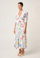 XENIA CONTRAST TRIM YOKE LINEN VISCOSE DRESS in Plume Blossom Print from Once Was