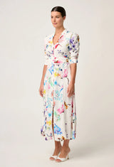XENIA CONTRAST TRIM YOKE LINEN VISCOSE DRESS in Plume Blossom Print from Once Was