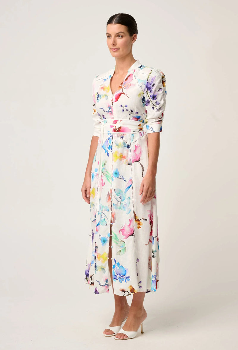 XENIA CONTRAST TRIM YOKE LINEN VISCOSE DRESS in Plume Blossom Print from Once Was