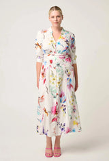 XENIA CONTRAST TRIM YOKE LINEN VISCOSE DRESS in Plume Blossom Print from Once Was