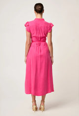 ATHENA CUPRO VISCOSE TRIM FLUTTER SLEEVE DRESS in Celosia Pink from Once Was