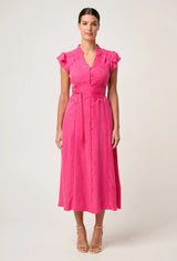 ATHENA CUPRO VISCOSE TRIM FLUTTER SLEEVE DRESS in Celosia Pink from Once Was