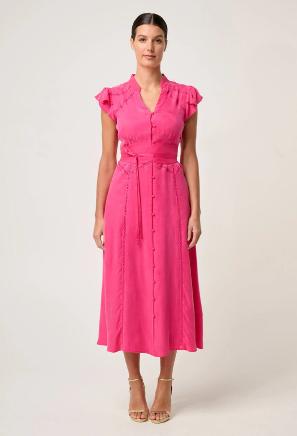 ATHENA CUPRO VISCOSE TRIM FLUTTER SLEEVE DRESS in Celosia Pink from Once Was