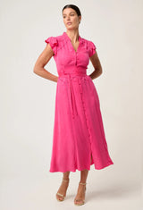 ATHENA CUPRO VISCOSE TRIM FLUTTER SLEEVE DRESS in Celosia Pink from Once Was