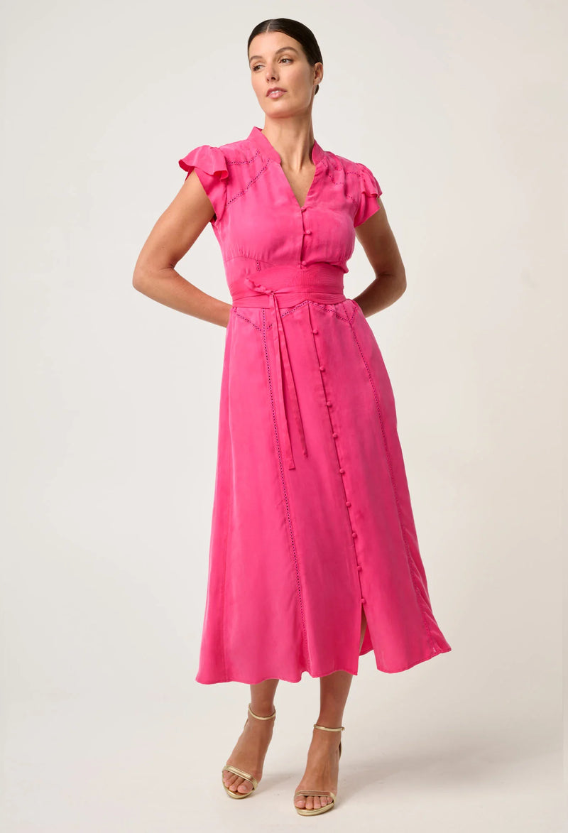 ATHENA CUPRO VISCOSE TRIM FLUTTER SLEEVE DRESS in Celosia Pink from Once Was