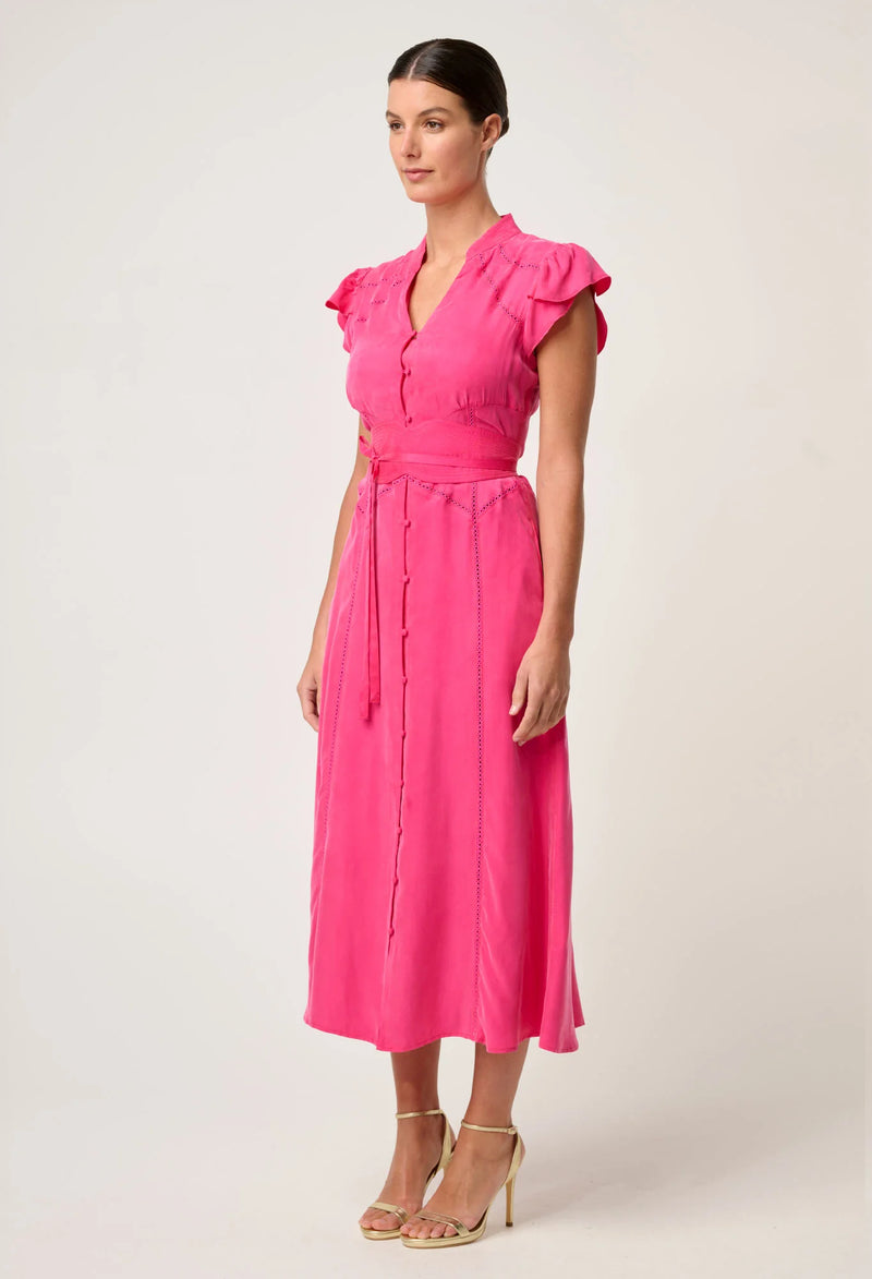 ATHENA CUPRO VISCOSE TRIM FLUTTER SLEEVE DRESS in Celosia Pink from Once Was