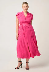 ATHENA CUPRO VISCOSE TRIM FLUTTER SLEEVE DRESS in Celosia Pink from Once Was