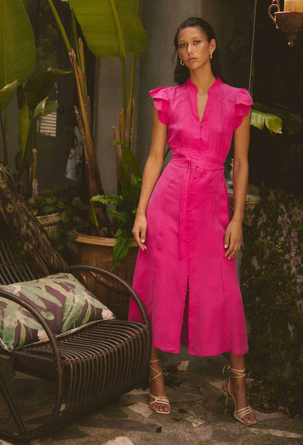 ATHENA CUPRO VISCOSE TRIM FLUTTER SLEEVE DRESS in Celosia Pink from Once Was