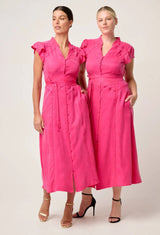 ATHENA CUPRO VISCOSE TRIM FLUTTER SLEEVE DRESS in Celosia Pink from Once Was